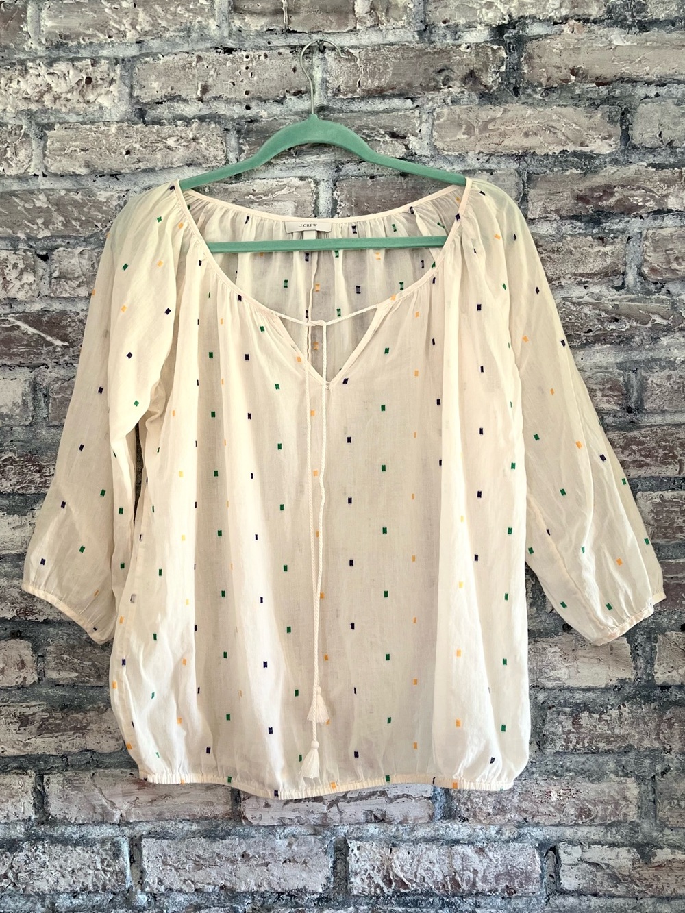 J. Crew Cream Peasant Top with tassels &Green,Navy & Yellow Embroidered Accents
